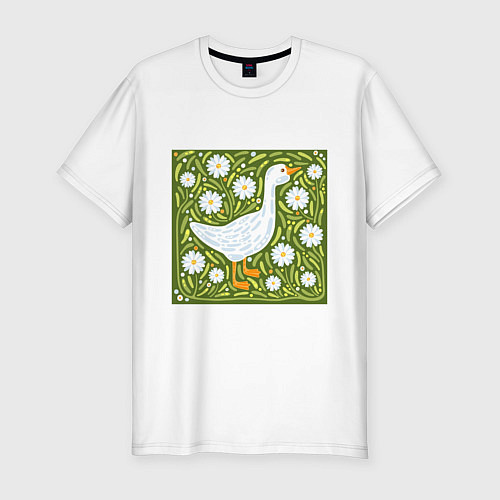 Мужская slim-футболка Гусь в ромашках / Белый – фото 1