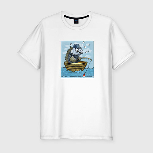 Мужская slim-футболка Рыба ловит рыбу в лодке / Белый – фото 1
