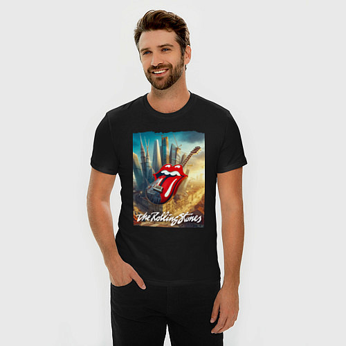 Мужская slim-футболка Rolling Stones - logo-guitar / Черный – фото 3