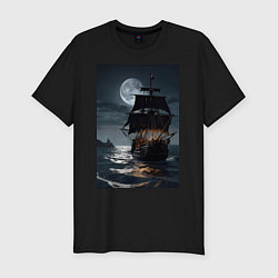 Футболка slim-fit Пиратский корабль в шторм, цвет: черный