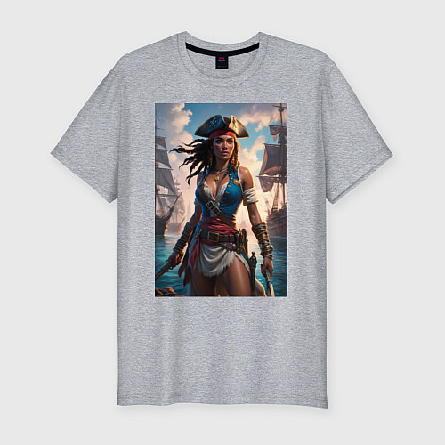 Мужская slim-футболка Пиратка на фона флотилии кораблей / Меланж – фото 1
