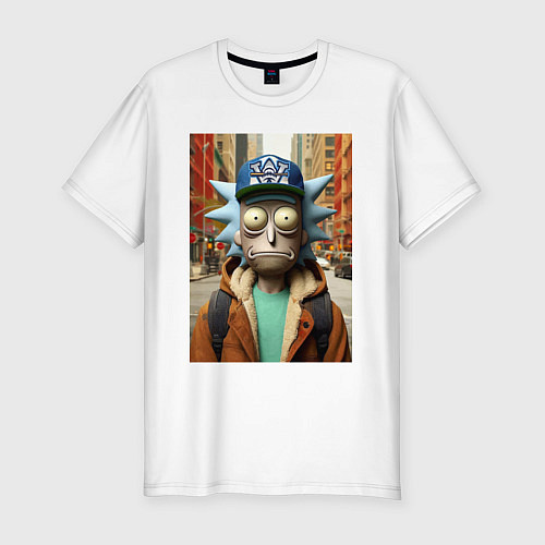 Мужская slim-футболка Рик Санчес в Нью-Йорке - нейроарт / Белый – фото 1