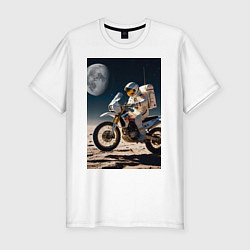 Мужская slim-футболка Космонавт ездит на мотоцикле по Луне