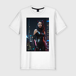 Мужская slim-футболка Девушка с кошачьими ушами стоит на фоне небоскребо