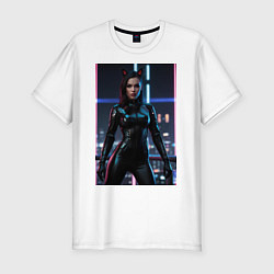 Мужская slim-футболка Девушка с кошачьими ушами стоит на фоне небоскребо