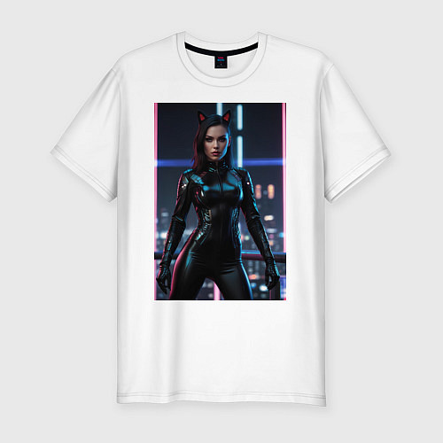 Мужская slim-футболка Девушка с кошачьими ушами стоит на фоне небоскребо / Белый – фото 1