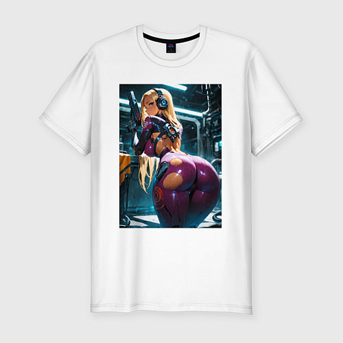 Мужская slim-футболка Девушка с оружием в киберпанк стиле / Белый – фото 1