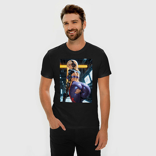 Мужская slim-футболка Девушка с оружием в киберпанк стиле / Черный – фото 3