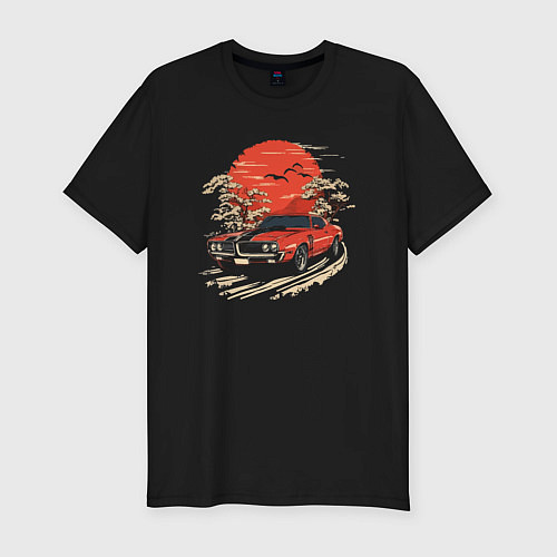 Мужская slim-футболка Sunset car / Черный – фото 1