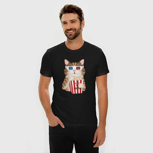 Мужская slim-футболка Котик киноман в очках 3d / Черный – фото 3