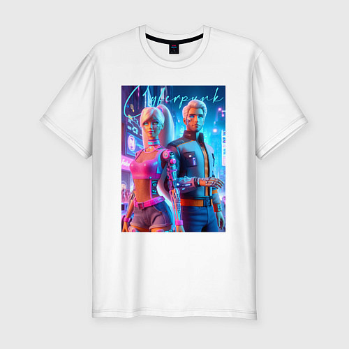 Мужская slim-футболка Cyberpunk - Barbie and Ken ai art / Белый – фото 1