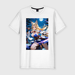 Футболка slim-fit Лисица с катаной на фоне Луны, цвет: белый