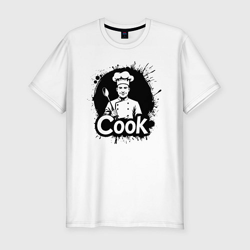 Мужская slim-футболка Шеф-повар с ложкой черной краской / Белый – фото 1