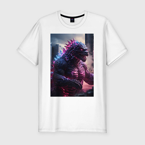 Мужская slim-футболка Годзилла посреди мегаполиса / Белый – фото 1
