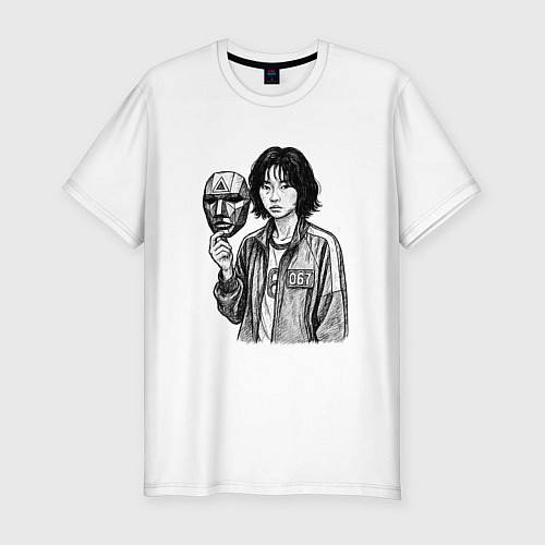 Мужская slim-футболка Игра в кальмара 067 с маской / Белый – фото 1