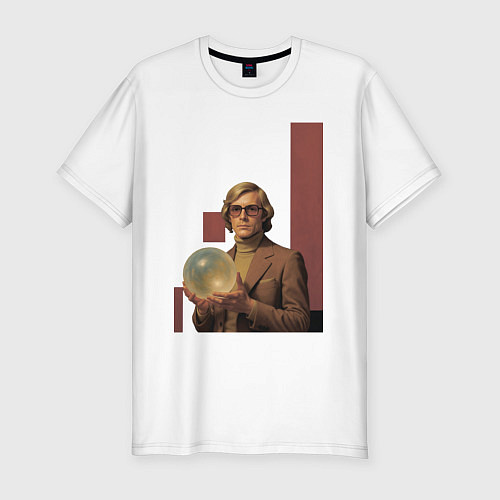 Мужская slim-футболка Мужчина блондин с магическим шаром ретрофутуризм п / Белый – фото 1