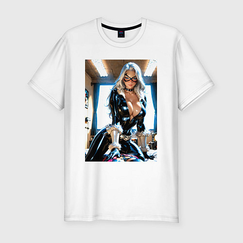 Мужская slim-футболка Черная кошка в комнате / Белый – фото 1