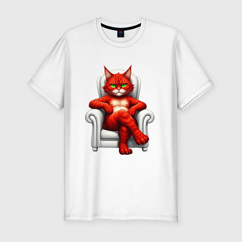 Мужская slim-футболка Красный кот сидит в белом кресле / Белый – фото 1