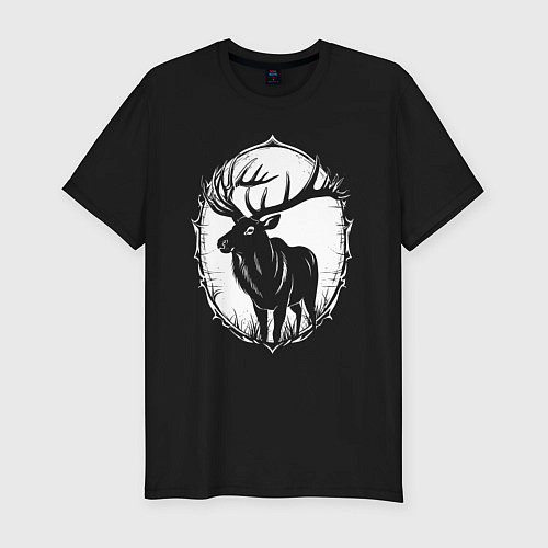 Мужская slim-футболка Белый лось орнамент / Черный – фото 1