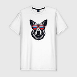 Футболка slim-fit Собака в солнцезащитных очках с флогом России, цвет: белый