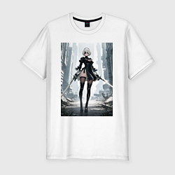 Футболка slim-fit Девушка-андроид с катанами посреди руин, цвет: белый