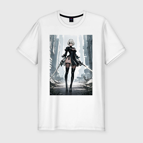 Мужская slim-футболка Девушка-андроид с катанами посреди руин / Белый – фото 1