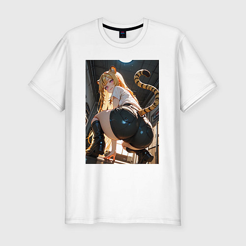 Мужская slim-футболка Тигрица пикантный вид / Белый – фото 1