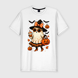 Мужская slim-футболка Модное привидение с кофе на хэллоуин