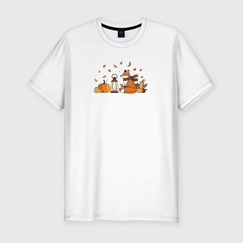 Мужская slim-футболка Лиса с тыквами и фонарём / Белый – фото 1