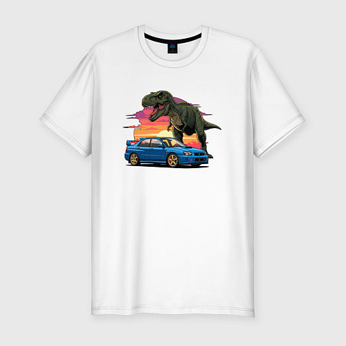 Мужская slim-футболка Субару и динозавр / Белый – фото 1