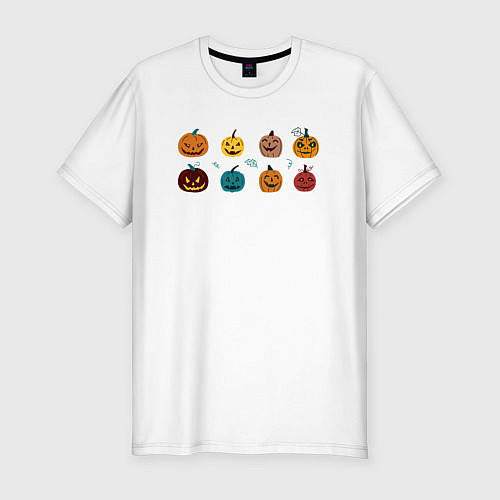 Мужская slim-футболка Разноцветные тыквы Джека на Хэллоуин / Белый – фото 1