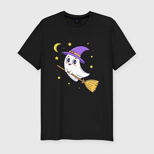 Мужская slim-футболка Хэллоуин, привидение на метле, луна / Черный – фото 1