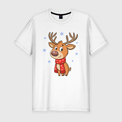 Футболка slim-fit Новогодний олень и снежинки, зима, цвет: белый