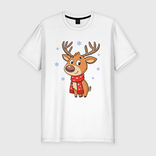 Мужская slim-футболка Новогодний олень и снежинки, зима / Белый – фото 1