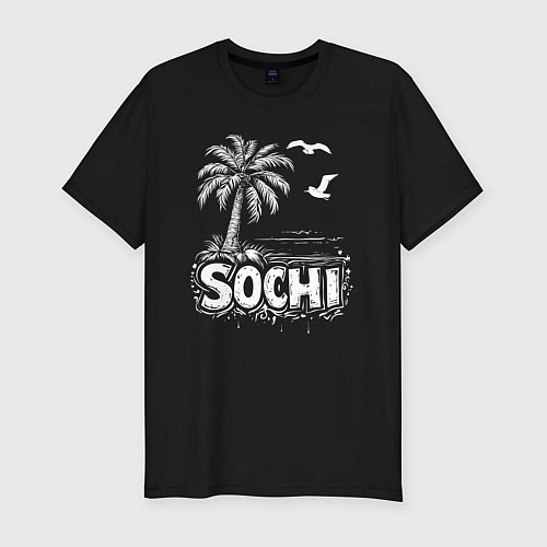 Мужская slim-футболка Сочи пальмы и чайки / Черный – фото 1