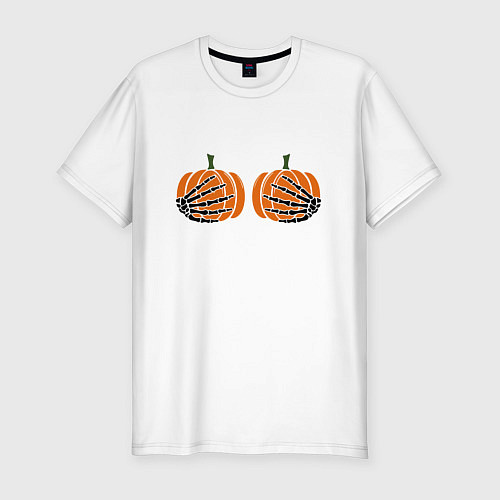 Мужская slim-футболка Хэллоуин Тыквы на груди / Белый – фото 1