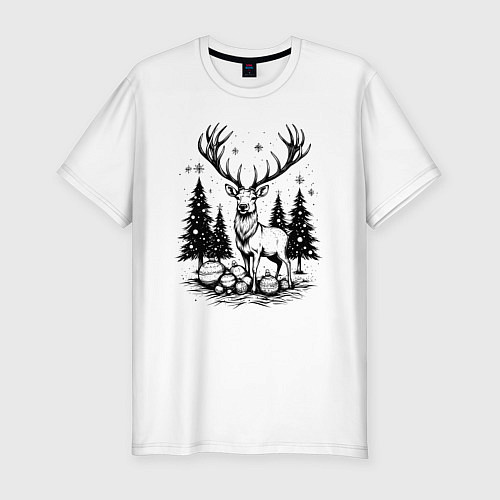 Мужская slim-футболка Олень в новогоднем лесу / Белый – фото 1