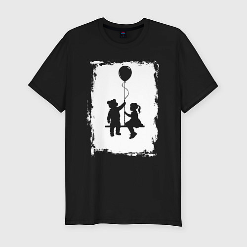 Мужская slim-футболка Медведь с воздушным шаром и девочка / Черный – фото 1