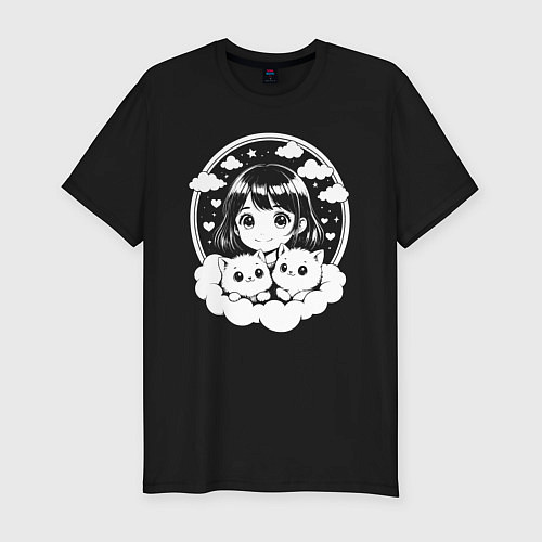 Мужская slim-футболка Девочка с котятами аниме / Черный – фото 1