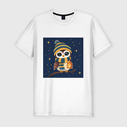 Мужская slim-футболка Сова в шапке и шарфе с фонарём