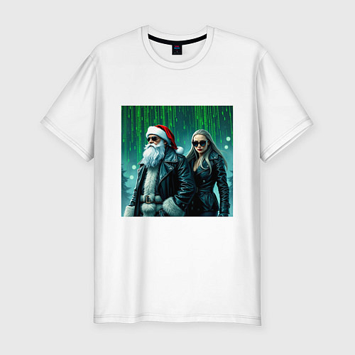 Мужская slim-футболка Дед Морознео и Тригурочка: Байкеры в лесу / Белый – фото 1