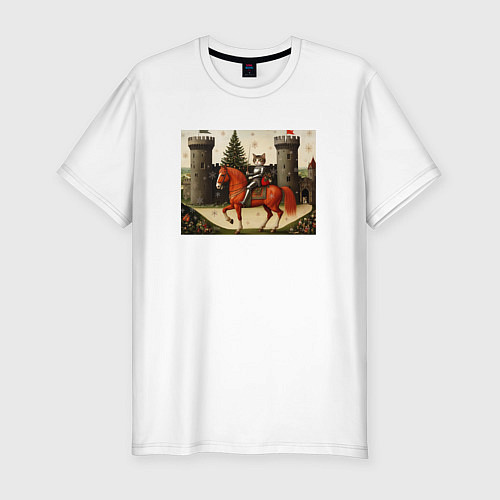 Мужская slim-футболка Средневековый новогодний кот / Белый – фото 1