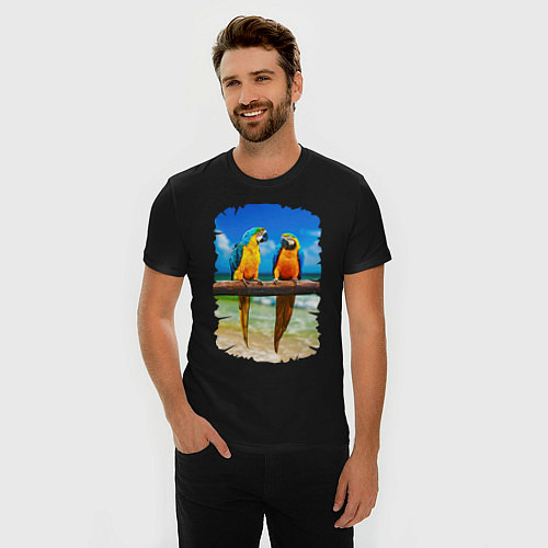 Мужская slim-футболка Попугаи у моря / Черный – фото 3