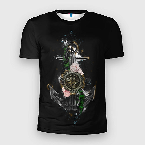 Мужская спорт-футболка Якорь с компасом и цветами / 3D-принт – фото 1