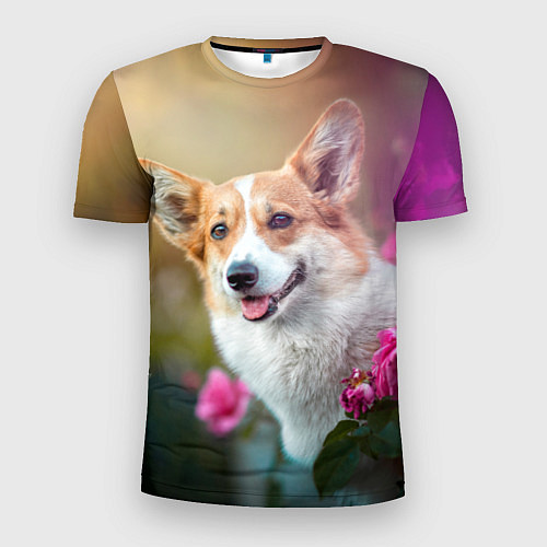 Мужская спорт-футболка Корги в розовом кусте / 3D-принт – фото 1