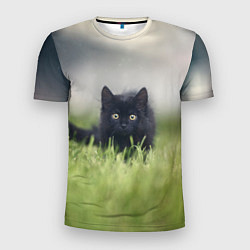 Мужская спорт-футболка Черный кот на лугу
