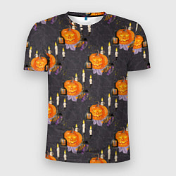 Мужская спорт-футболка Хэллоуин - тыквы и свечи