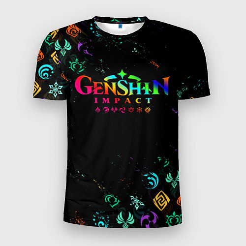 Мужская спорт-футболка GENSHIN IMPACT NEON LOGO RAINBOW STYLE, ЭМБЛЕМЫ / 3D-принт – фото 1