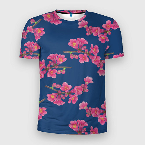 Мужская спорт-футболка Веточки айвы с розовыми цветами на синем фоне / 3D-принт – фото 1