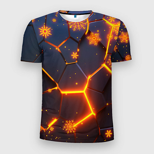 Мужская спорт-футболка НОВОГОДНИЕ ОГНЕННЫЕ 3D ПЛИТЫ FIRE NEON HEXAGON / 3D-принт – фото 1